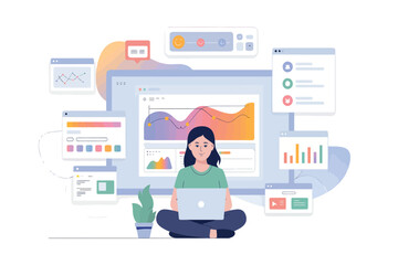 Fototapeta premium Woman analyzing data on laptop surrounded by digital interface elements