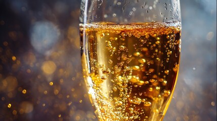 Golden sparkling champagne, macro detail, effervescence, celebratory drink concept