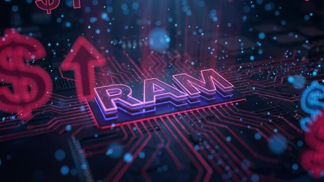 Neon RAM text with upward arrow on a circuit board, memory price increase, shortage risk, AI hardware demand.