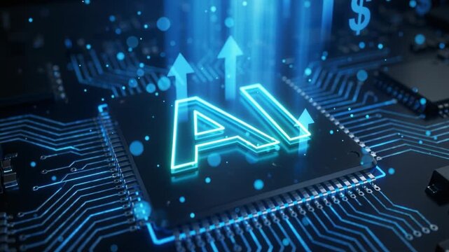 AI text on a microchip with circuit traces and arrows, data center growth, hardware demand, memory shortage concept.