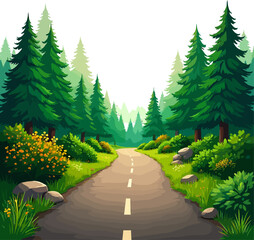 Sunny forest road surrounded by green pine trees peaceful countryside landscape illustration for nature background and outdoor adventure design