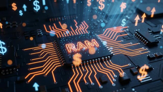 RAM chip on a circuit board with dollar symbols and rising arrows, memory price surge, market shortage, AI data center demand.