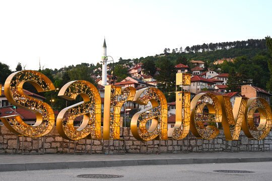 Sarajevo, Bosnia and Herzegovina - June 21, 2025: The sign SARAJEVO in Square of the First Police Brigade.