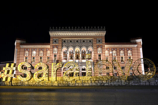 Sarajevo, Bosnia and Herzegovina - June 21, 2025: The Sarajevo City Hall at night.