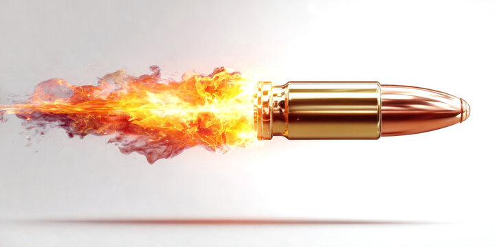 Flying bullet with fire and smoke trail isolated on a transparent alpha channel background