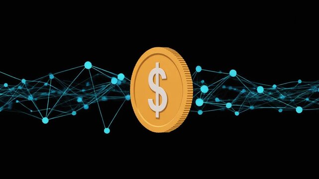 A gold coin with a dollar sign on a black background with blue geometric network connections, representing finance and technology