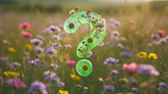 A large, green question mark floats in a sunny field of colorful wildflowers, with a blurred background