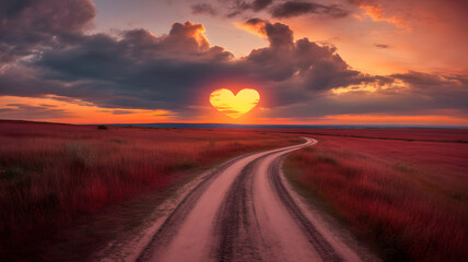 A serene dirt road winds through a vibrant red field at sunset