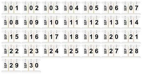 Professional studio shot of a white flip calendar showing September. Isolated on white background with clipping path. Perfect for office stationery catalogs, web design, business scheduling themes