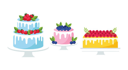 Three tiered cakes decorated with berries and leaves presented on stands showcasing a flat design silhouette high quality professional detailed modern © Ashik