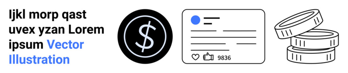 Obraz premium Digital transactions, money management, online banking, mobile payments, e-commerce, app notifications. Black dollar icon, white card with online notification stack of coins. Digital transactions