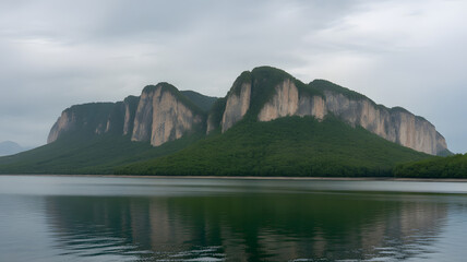 Fototapeta premium A serene mountain landscape with a large body of water in front of it