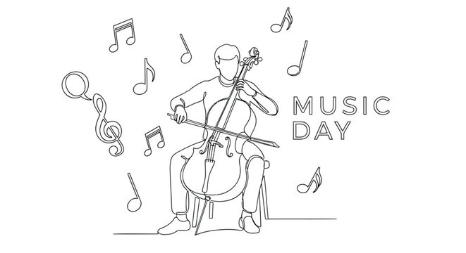 Vector illustration of a man playing cello on Music Day with musical notes