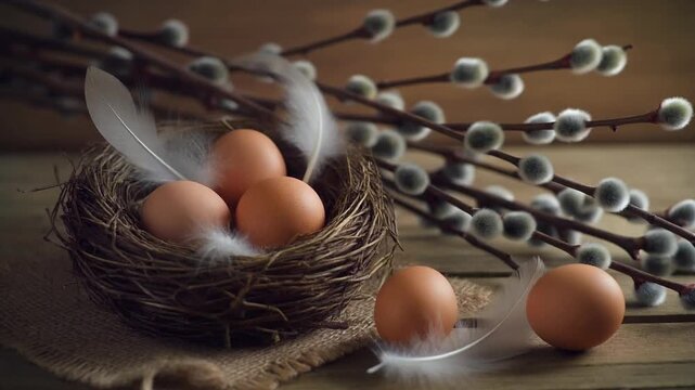 Eggs in a Rustic Nest with Delicate Feathers and Pussy Willow Branches