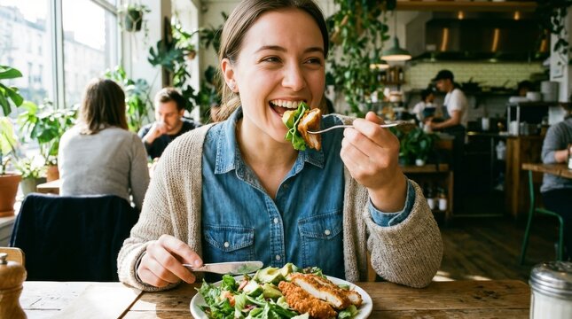 Woman smiling, eating fresh chicken salad in a restaurant. Promoting healthy eating, lunch, diet, wellness, and lifestyle, Eating Healthy Salad in Restaurant Represents Lifestyle and Wellbeing Concept