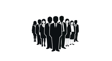 Black silhouette illustration of diverse office workers standing together in a team, conveying business collaboration and unity in a simple, iconic design.