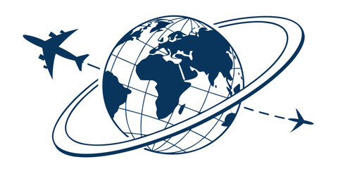 An airplane arcs around a dark blue globe with a distinct orbital ring, symbolizing international travel, global reach, and aviation routes.