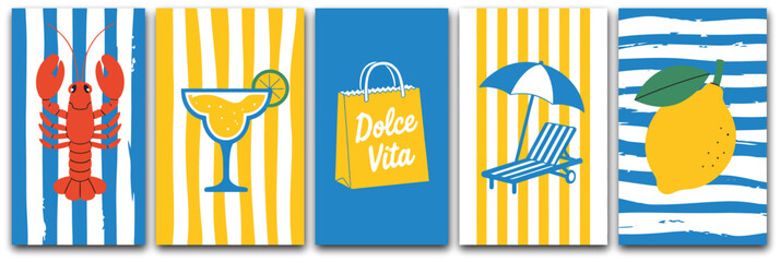 Dolce vita summer poster set, hand drawn beach themed illustrations featuring summer vacation elements for coastal lifestyle travel and seasonal design. © Nicholas