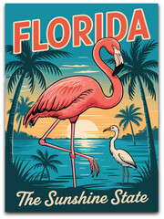 Florida travel poster illustration, retro vintage scene featuring pink flamingo palm trees and sunset capturing tropical tourism and classic coastal travel vibe. © Nicholas