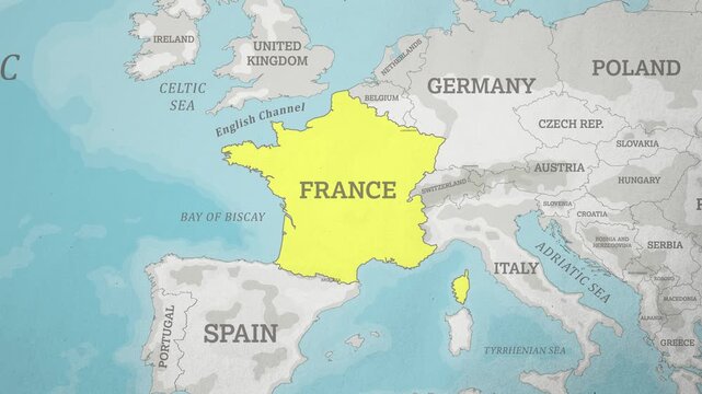 Basemap with a Zoom of the France Highlighted in Yellow. Generic World Map Animation