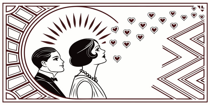 Art Deco illustration of a romantic couple with floating hearts in a stylized frame, vector