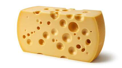 A wedge of Emmental cheese on a white background yellow