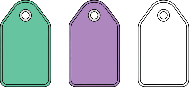 Blank price tags in teal and purple colors are presented with an additional outline version, providing versatile graphic resources for labeling, retail, and design projects.