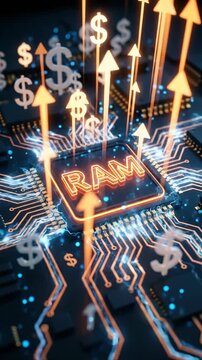 Glowing RAM chip with dollar symbols and upward arrows on a circuit board, memory price surge, AI data center demand, market shortage.