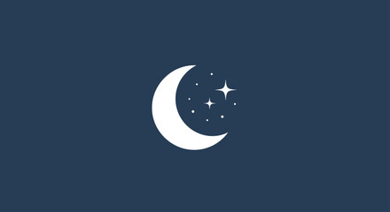 Simple Crescent Moon and Stars Icon on Dark Blue Background © Win