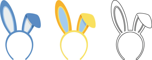Two colorful bunny ear headbands, one blue and one yellow, are shown next to a simple black and white outline version.