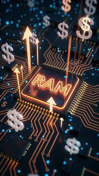 Glowing RAM chip with dollar symbols and upward arrows on a circuit board, memory shortage, price increase, AI hardware demand.