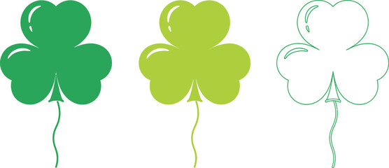 Three shamrock-shaped balloons, featuring solid green, lighter green, and outline versions, are presented with attached strings.