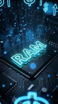 Glowing RAM text on a microchip with circuit traces, computer memory concept, AI infrastructure demand, market shortage.