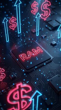 RAM chip on a circuit board with dollar symbols and arrows, memory price spike, AI data center buildout, market shortage.