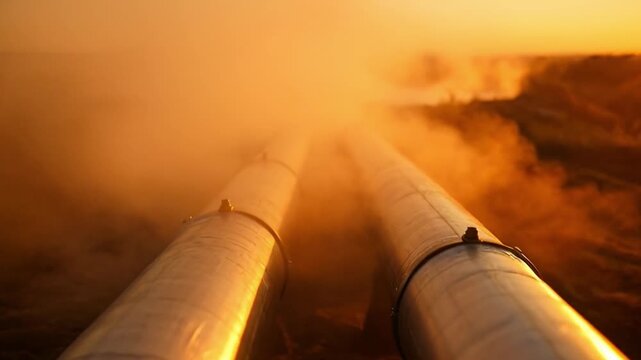 Industrial pipes against sunset sky abstract lines and orange hues