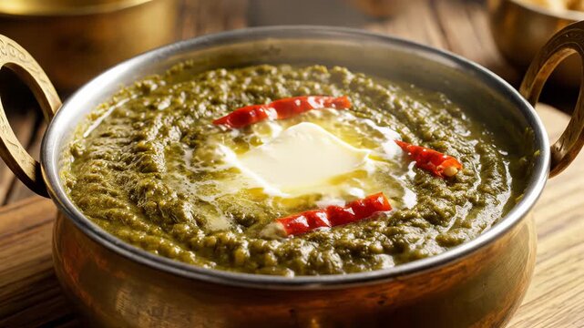 Close Up Of Sarson Ka Saag In A Brass Bowl With Butter And Chillies
