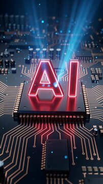 Neon AI text rising from a chip on a circuit board, data center expansion, high compute demand, memory market pressure.