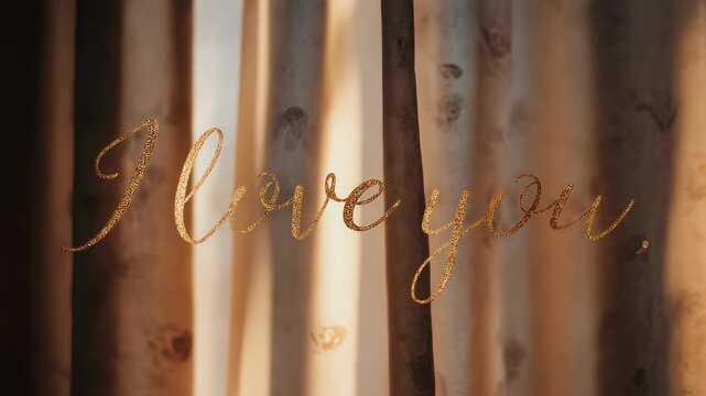 A warm, soft-focus image featuring a golden "I love you" script overlaid on a curtain backdrop