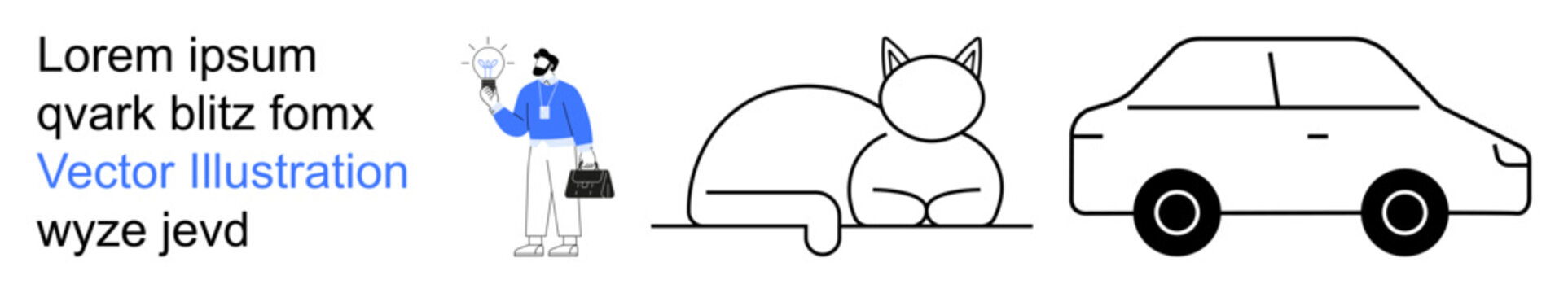 Idea generation, creativity, minimalism, transportation, pets, business concepts. A person holding a lightbulb, a sitting cat and a basic car. Idea generation and creativity visual