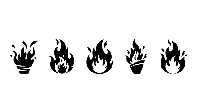 Black silhouette icons of four stylized burning flames in pots against a plain white background for design and celebration events.