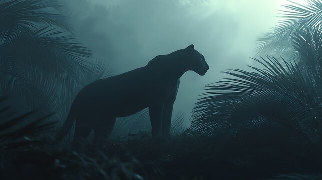 A silhouette of a panther standing in a misty jungle surrounded by palm trees.