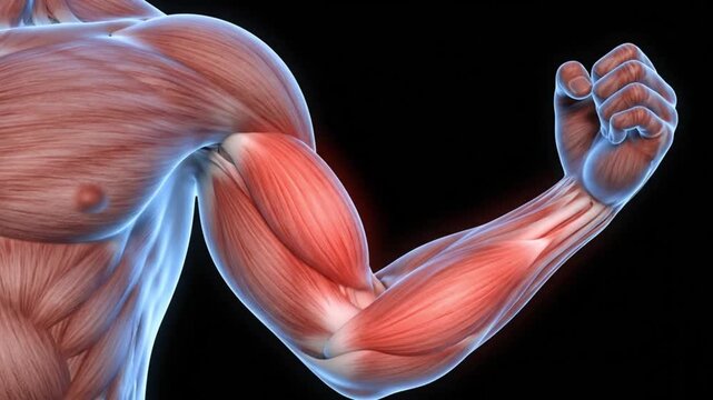 Detailed 3D rendering of human arm muscles, showcasing biceps and forearm anatomy with a glowing blue effect.