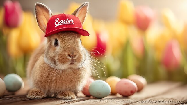 A cute Easter bunny wearing a red hat sits on a wooden table surrounded by colorful eggs and tulips.