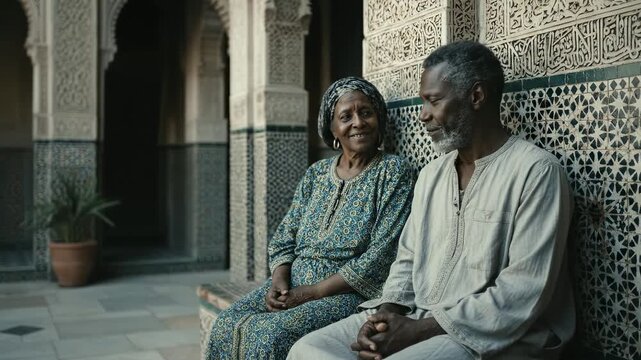 Elderly African couple seated together in a beautiful Moroccan courtyard. Peaceful retirement, shared moments, and cultural heritage are visible. Intimate portrait reflects wisdom and companionship.