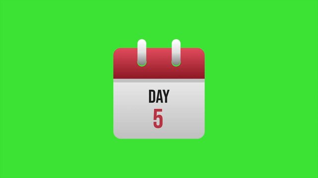 A calendar icon with a red header and white body displaying day 5 on a green background viewed from the front