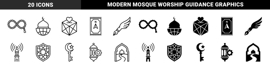 Fototapeta premium Islamic symbolic hybrid concept with prayer bead infinity sign mosque globe donation box heart and qibla compass rug for religious app design