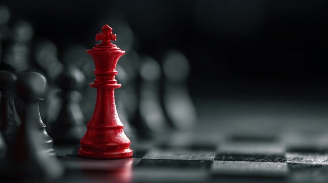 A red chess queen stands alone on a dark chessboard with black pieces in the background.