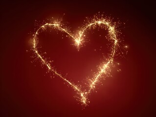 gold sparkler heart shape isolated on a red background