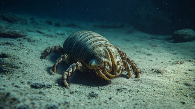 Giant isopod on deep ocean floor, detailed close-up of deep sea crustacean underwater