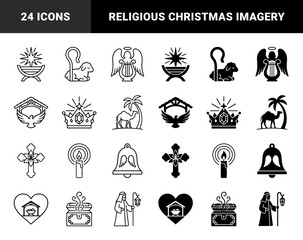 Naklejka premium Religious nativity hybrid icons merging traditional christmas symbols with modern linear and silhouette styles for holiday branding and church design